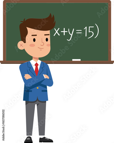 Young male teacher standing confidently in front of chalkboard with math equation in classroom vector illustration