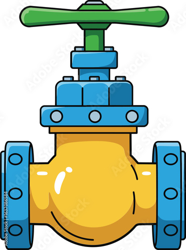 Industrial water valve with blue flanges and green handle vector illustration for pipeline control and plumbing systems