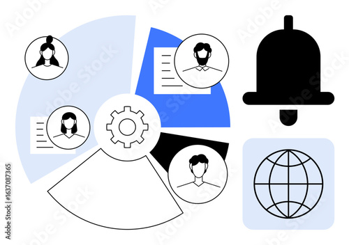 Pie chart segments with individual profiles, a gear icon, notification bell, documents, and globe icon highlight teamwork, global connectivity, productivity, notifications and organization. Ideal
