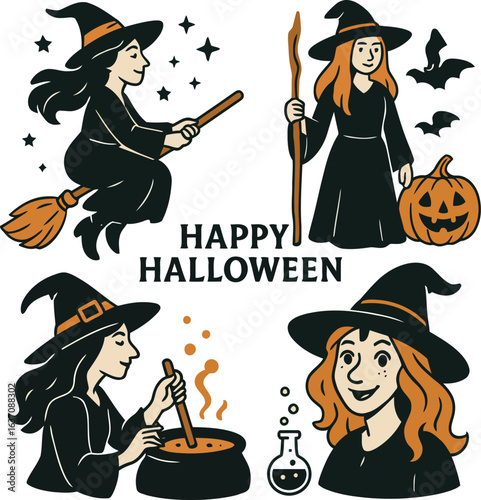 Halloween witches set, flying on broom, cooking, doing magic and with pumpkin vector illustrations