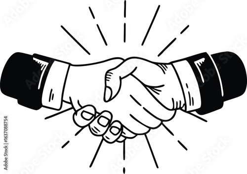 Two hands shaking in agreement with radiating lines