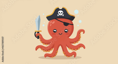 Vector Cute Sea God Octopus Cthulhu Captain with Pirate Hat and Sword