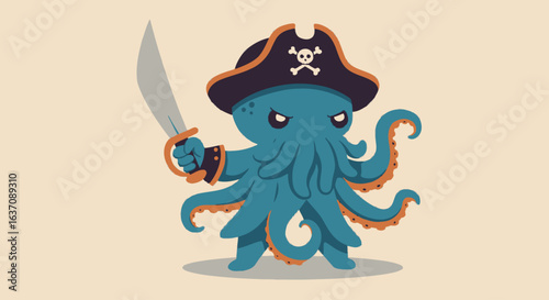 Vector Cute Sea God Octopus Cthulhu Captain with Pirate Hat and Sword
