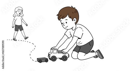 Vector Sketch of Little Boy Rolling Toy Lorry Car — Black and White Outdoor Cartoon Illustration