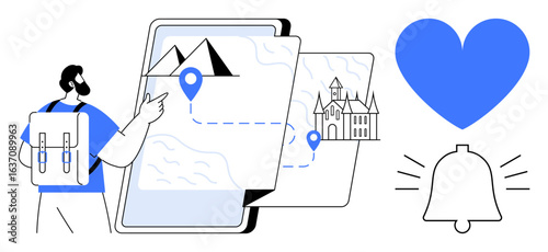 Man with backpack interacting with digital map featuring mountains, castle, route pins. Blue heart and bell icon highlight engagement, adventure. Ideal for travel, tourism, journey, navigation tips