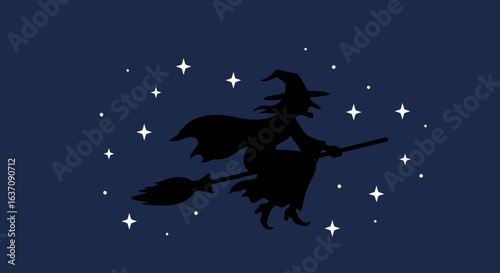 Vector Halloween Silhouette Illustration of Wicked Witch with Hat Flying on Broom