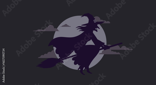 Vector Halloween Silhouette Illustration of Wicked Witch with Hat Flying on Broom