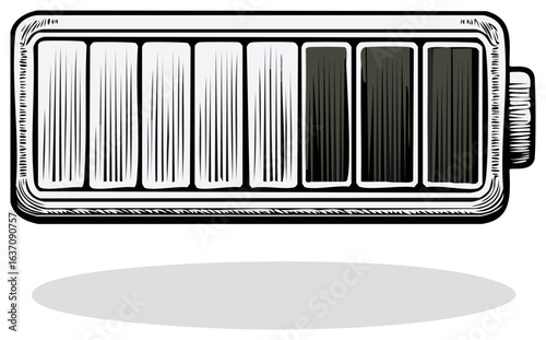 Half full battery indicator icon, energy storage, low power level, charging status, technology concept illustration