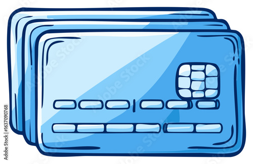 Cartoon illustration of a stack of blue credit cards for payment and finance concepts