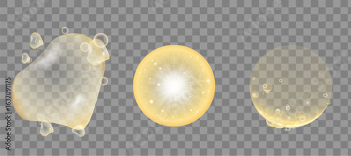 Golden Oil Bubbles And Collagen Serum Droplets on Transparent Background.