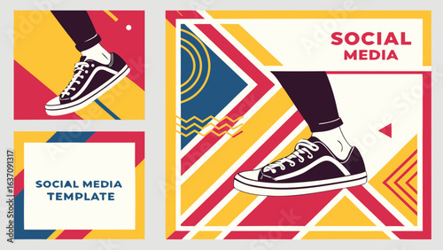 Social media template design with sneakers for marketing campaign and promotional content creation tool kit