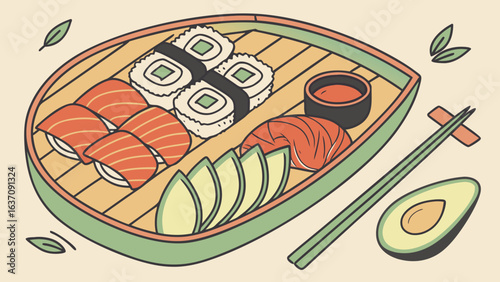 Delicious sushi platter with salmon avocado and maki rolls for japanese food lovers and asian cuisine fans