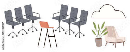 Conference chairs, a high stool, a lounge chair, a potted plant, and a cloud ornament. Ideal for office setup, teamwork, meetings, casual workspace interior design modern aesthetics simple flat