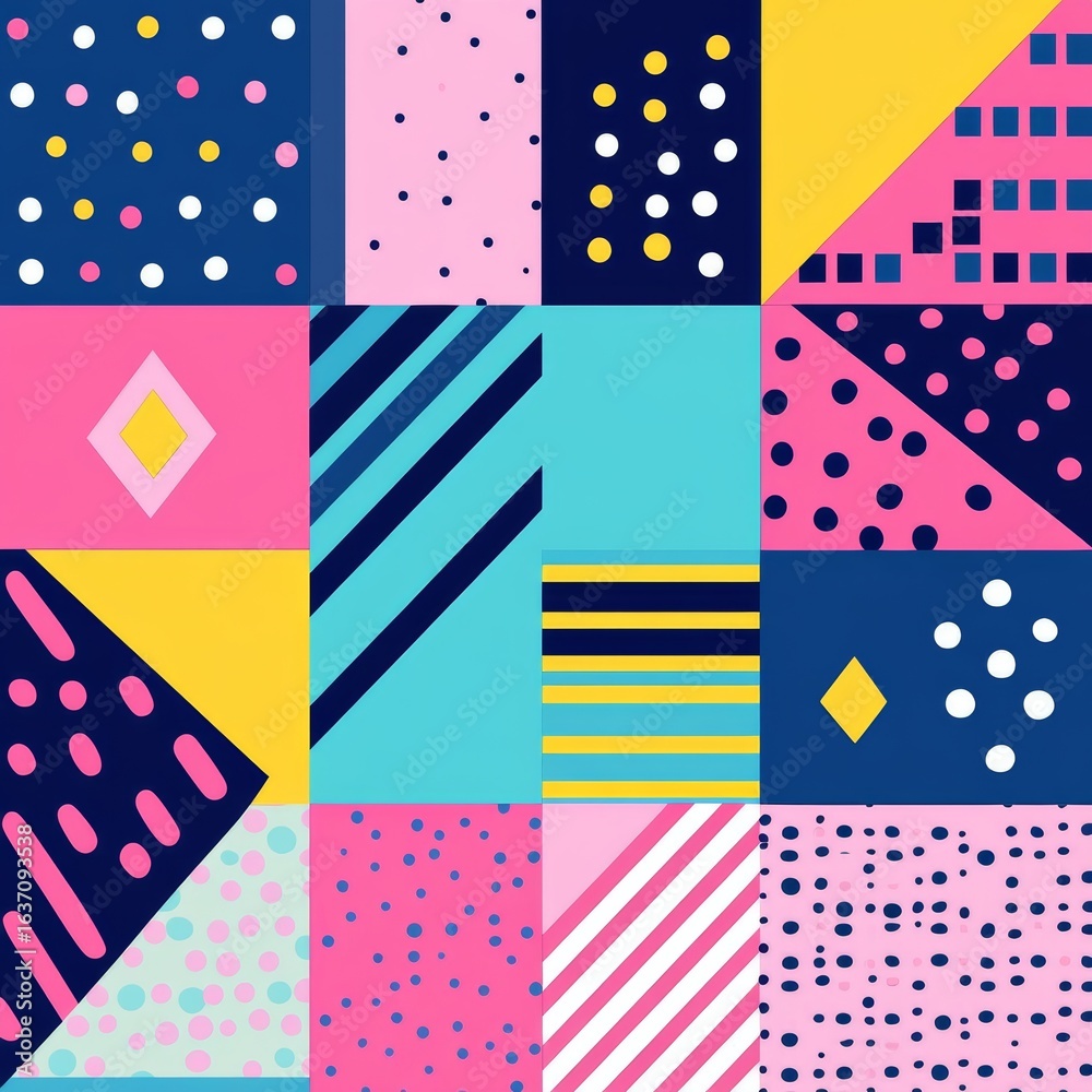 Fototapeta premium Modern abstract design is showcased through the use of colorful and trendy geometric flat elements in the Memphis pattern, accompanied by a pop art style texture, ideal for posters and cover