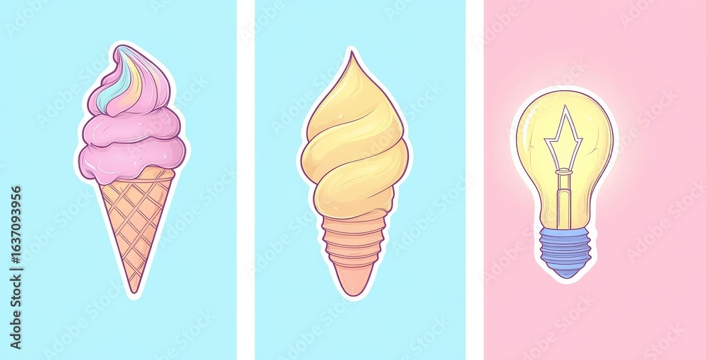 Obraz premium Pop art style icon of ice cream accompanied by a light bulb and thunderbolt in modern illustration design