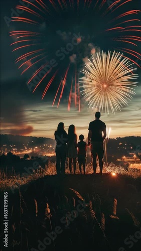 A family watching a fireworks show together at dusk.