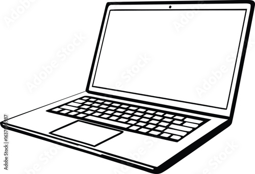 Simple black and white illustration of an open laptop