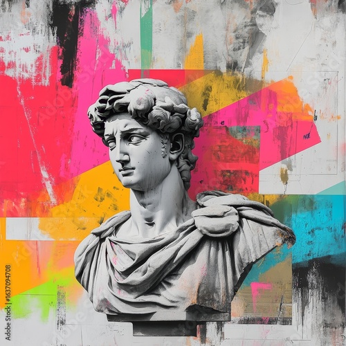 Wallpaper Mural The concept of postmodern, creativity, imagination, and pop art is exemplified in a street style contemporary art collage featuring an antique statue bust painted in colorful paints with graffiti Torontodigital.ca