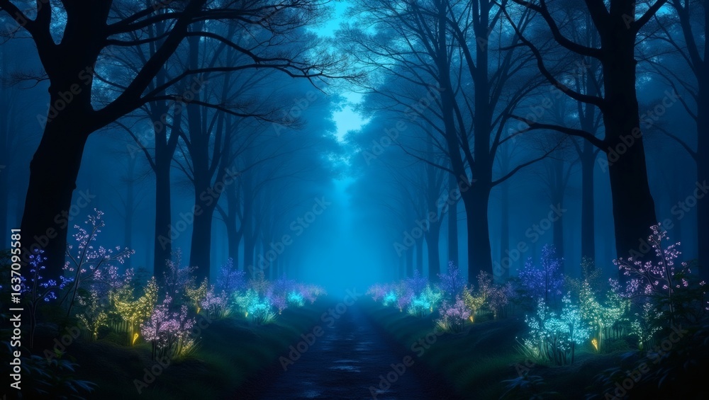 Fototapeta premium mystical path surrounded by illuminated flora through a foggy forest