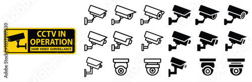 CCTV Security Camera Icons and Warning Sign for Surveillance Systems