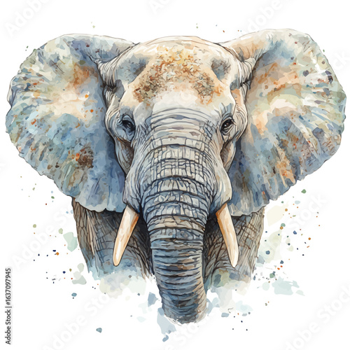 African Elephant, watercolor clipart vector, isolated on a white background.