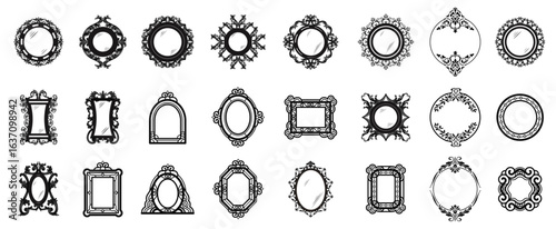 Ornamental Frame Collection Vector Pack: A curated assortment of elegant, ornate picture frame silhouettes showcasing diverse shapes and styles, ideal for design or decorative assets.