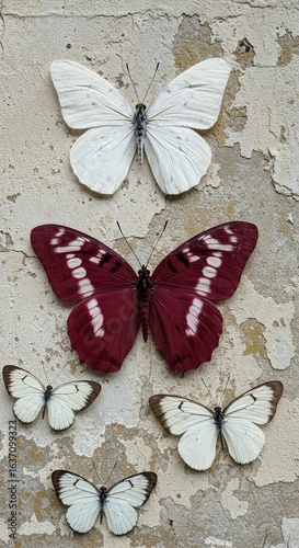 White and maroon butterflies on weathered wall; nature, insects, background texture