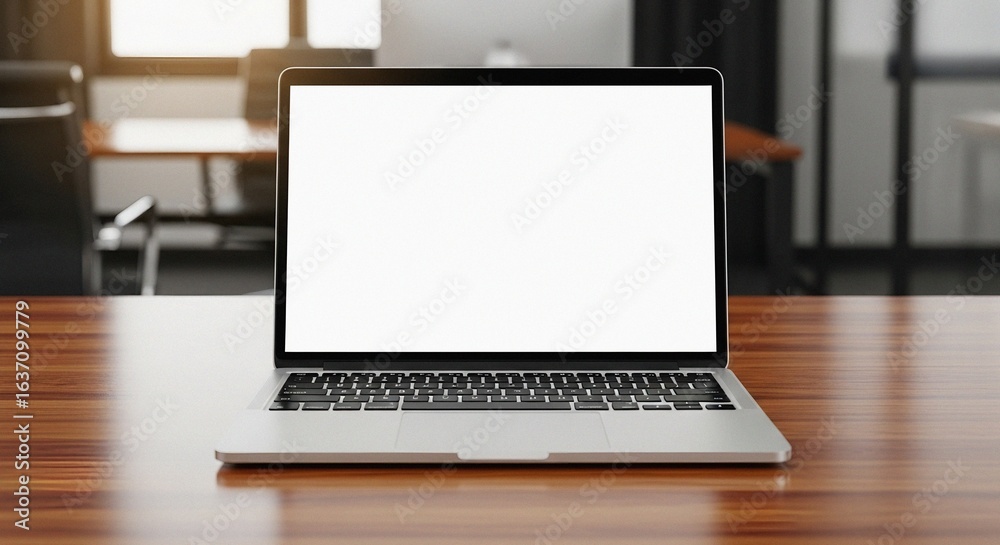 Fototapeta premium Front view of a laptop with a blank white screen on a wooden table in an office, with a blurred background.