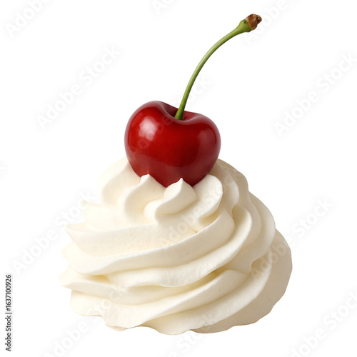 Whipped cream with cherry isolated on white background for dessert topping and sweet treat decoration concepts