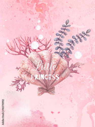 Watercolor kids hand draw set of sea life for little princess on pink background. Children's illustration with shells, pearl . Hand draw reef for child.