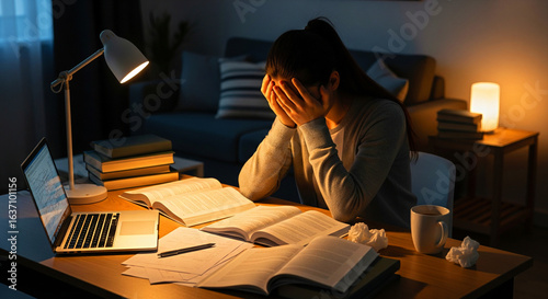 Struggling student overwhelmed by late-night studying, feeling stressed and exhausted with books and laptop.