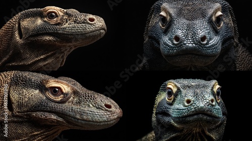 Four views of a large reptile head with leathery, dark skin and beady eyes against a black backdrop