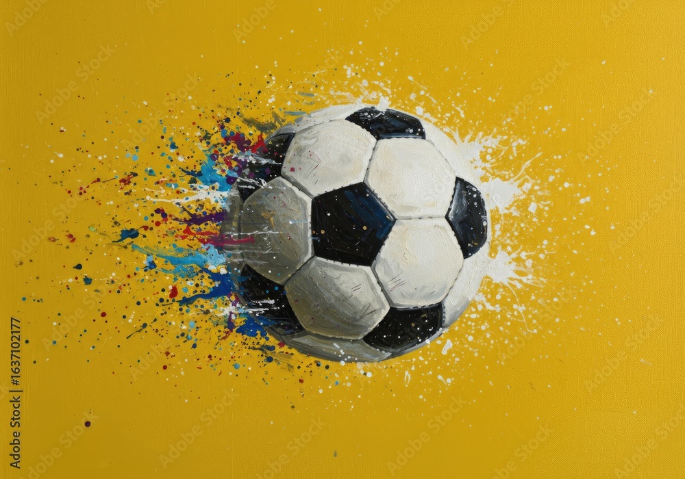 Fototapeta premium Soccer ball exploding paint splash, yellow background, sports action, artwork