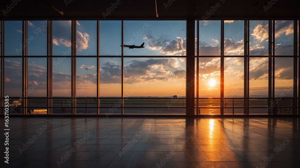 Fototapeta premium Modern airport terminal view with airplane taking off against a stunning sunset sky, concept for travel inspiration, aviation industry, and global connectivity