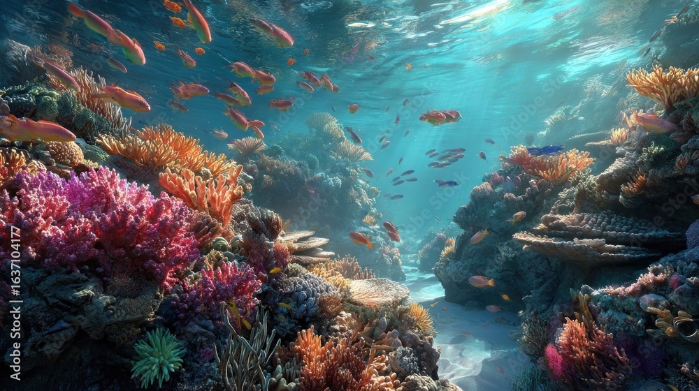 Naklejka premium Vibrant Underwater Coral Reef Scene with Colorful Fish