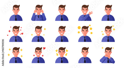 Vector set of office worker in multiple poses and emotions, ideal for business, productivity, HR, and corporate content in presentations, websites, and infographics