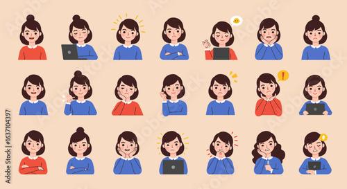 Vector set of office worker in multiple poses and emotions, ideal for business, productivity, HR, and corporate content in presentations, websites, and infographics