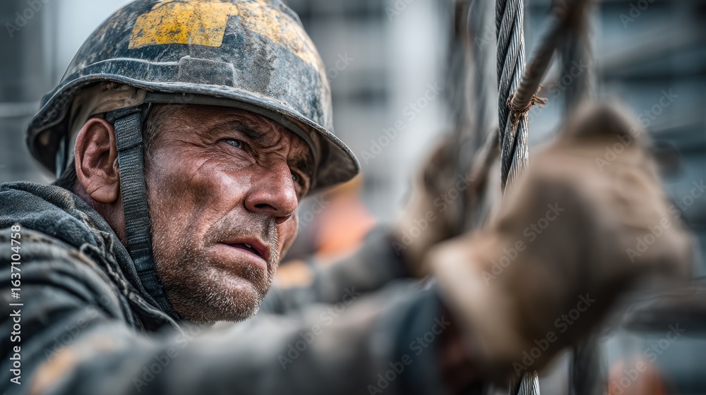 Obraz premium Close-up of a Construction Worker with a Determined Expression and Helmet