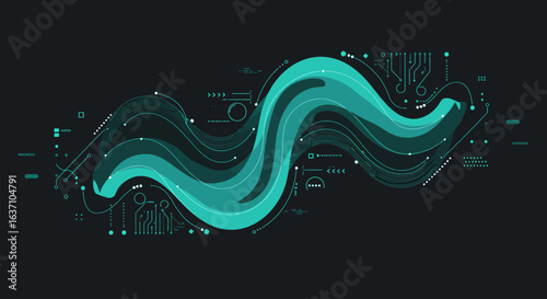 Abstract tech wave in turquoise tones, futuristic flowing shape with circuit details on dark background, modern digital design