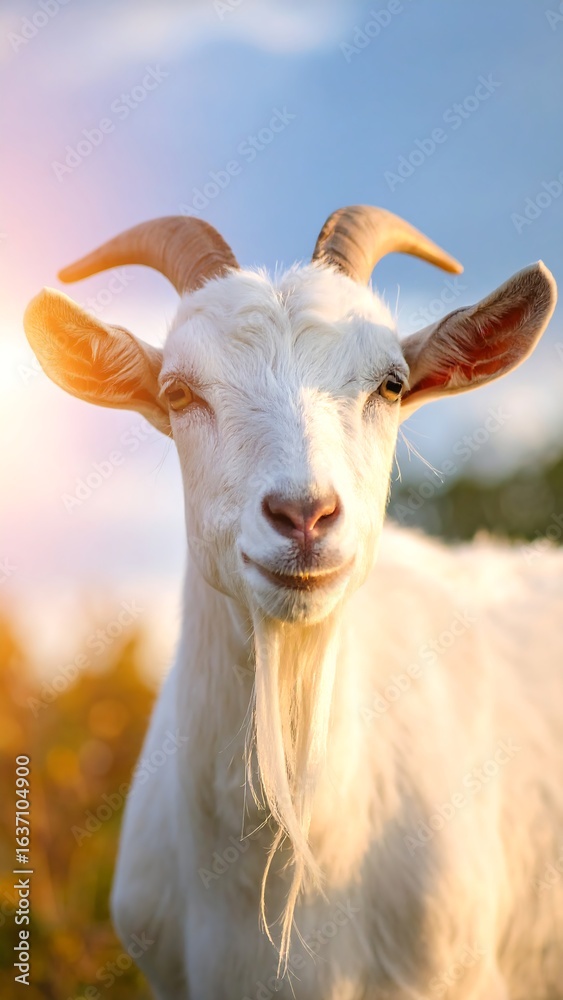 Fototapeta premium Close-up of a white goat in a field at sunset