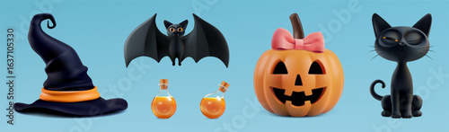 Halloween carved pumpkin girl, character 3d vector render. Cute black cat, happy flying bat, spooky scary witch hat, magic potion trick or treat. Night october party friday 13 sale poster fun elements