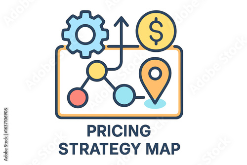 Pricing strategy map with gears, dollar sign, and location pin icons pricing strategy map
