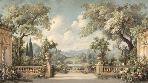 Baroque garden mural in muted pastels with gold highlights featuring a serene classical scene for an elegant tranquil feel