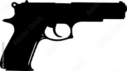 "A black handgun with ribbed grip texture, flat side view, centered slightly left, oriented right. Vector illustration, white background, no shading, minimal technical style."