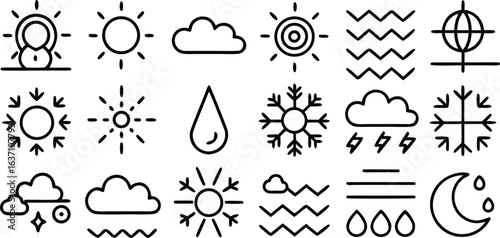A set of weather vector icons for design, including symbols for sun, cloud, rain, and lightning