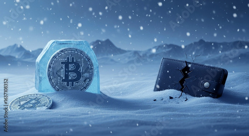 Bitcoin winter crypto crash cryptocurrency frozen wallet digital currency financial loss snow scene