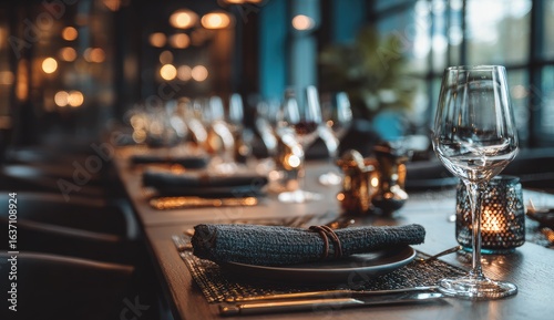 Elegant restaurant table setting, dinner party, indoor, city view