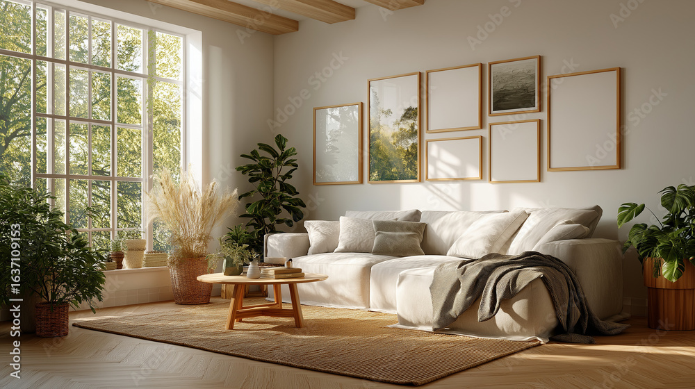 Fototapeta premium Cozy Interior with Art Display: A light-filled living room, with a large window, showcasing a neutral-toned sofa adorned with art frames, creating an inviting atmosphere.