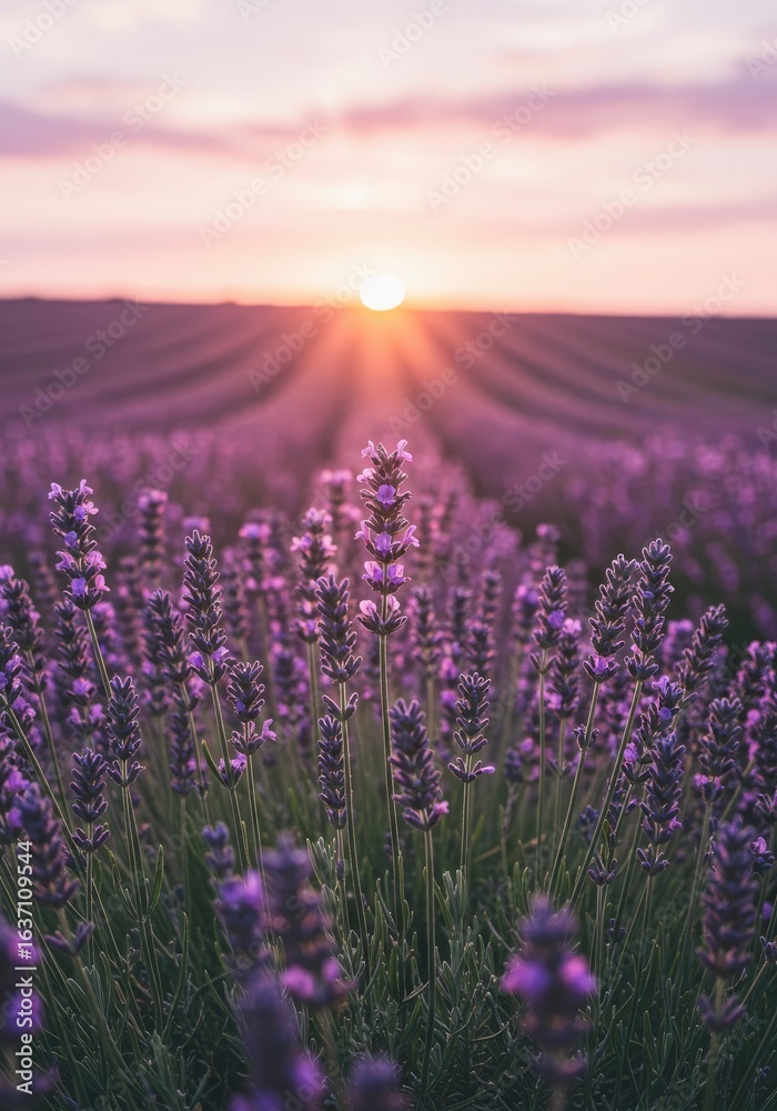Obraz premium Sunset Lavender Field, Purple Blossoms, Summer Romance, Peaceful Nature Scene, Calming Wallpaper