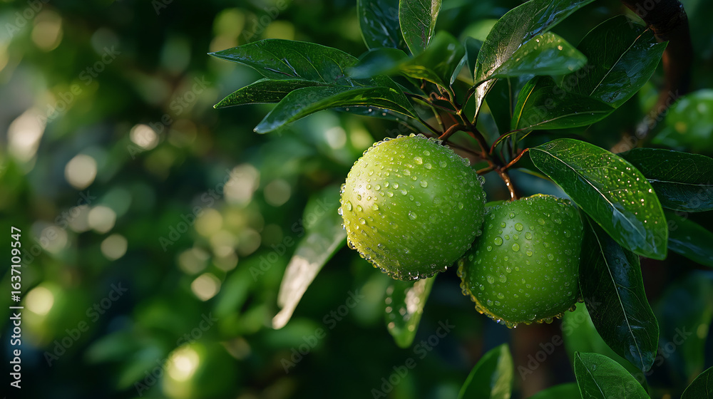 Green Plums on a Branch: Two vibrant green plums, glistening with droplets, hang from a verdant branch, illuminated by the soft glow of the sun amidst lush foliage. Green Plums on a Branch: Two vibrant green plums, glistening with droplets, hang from a verdant branch, illuminated by the soft glow of the sun amidst lush foliage.